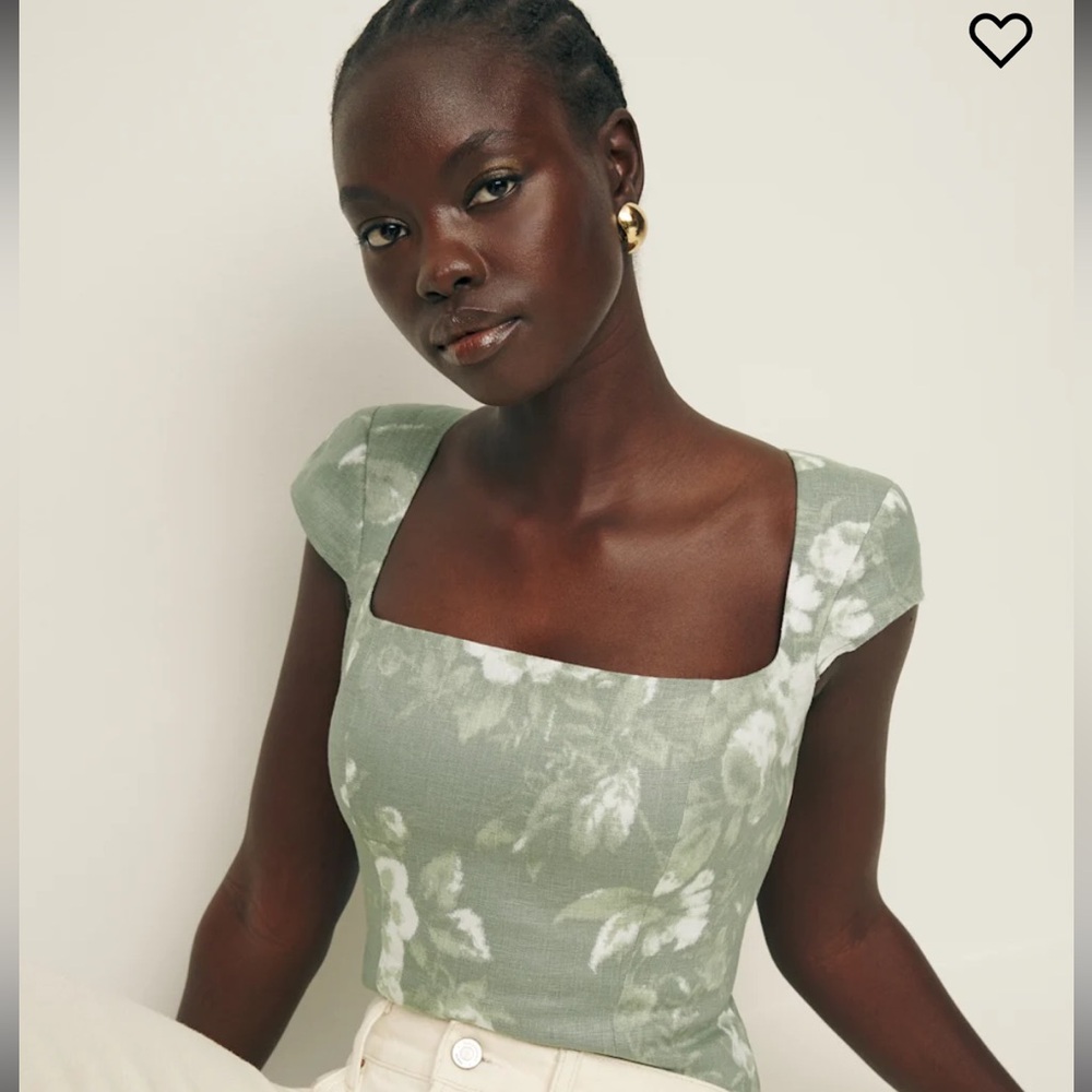 Reformation Sage Green Floral Square-Neck Cap-Sleeve Top